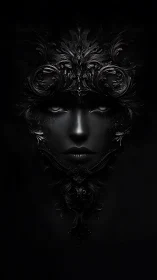 Baroque black mask merges with spectral female visage in shadow