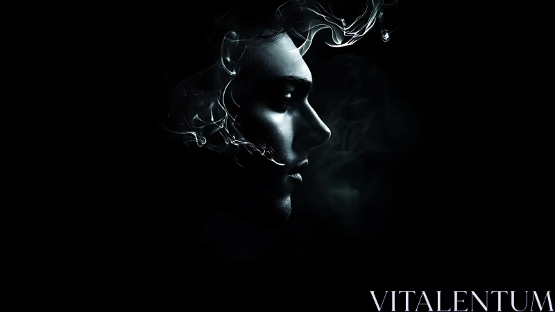 High-contrast male profile emerges from abstract smoke contours