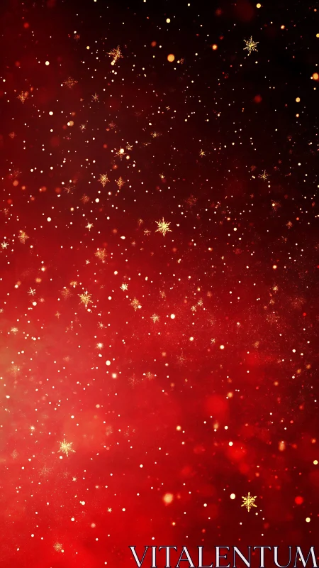 Golden snowflakes drifting over a cozy holiday red glow.