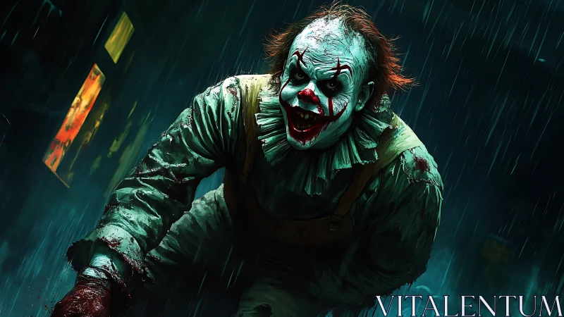 Sinister clown lunges through rain in a neon drenched alley
