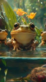 Amphibian triad at riparian edge in high-fidelity render.