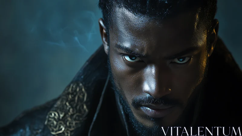 Close frontal portrait shows intense gaze in low key light