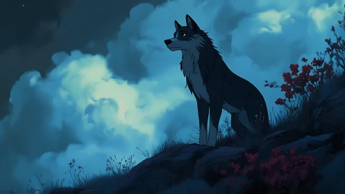 Moonlit hill wolf watches stormlit clouds breathe slowly.
