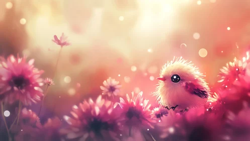 Sunrise fluffbird dreaming in a glowing pink flower sea.