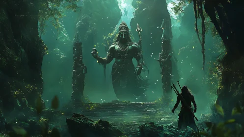 Warrior confronts colossal jungle deity in emerald mist