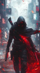 Hooded armed figure in red-lit futuristic city street scene.