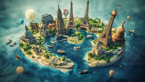 Miniature island of iconic world landmarks glows in dreamy light