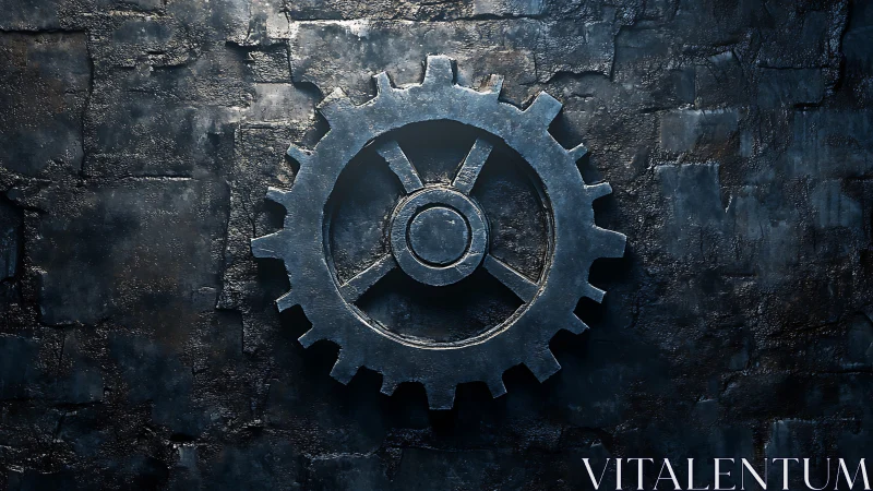 Weathered iron gearwheel hums quietly on a shadowed wall