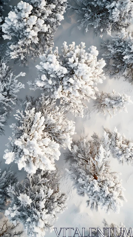 Top-down winter canopy reveals clustered snow-laden conifers