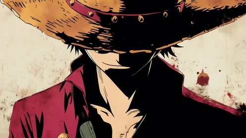 Straw hat shadow rogue half-hid in crimson stormlight.