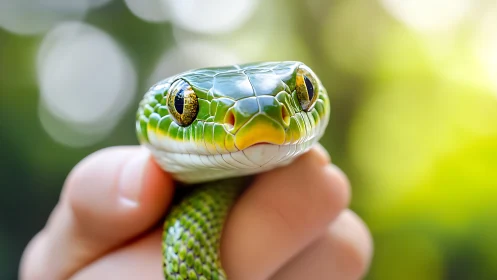 Macro optical study of green snake head in human grasp.