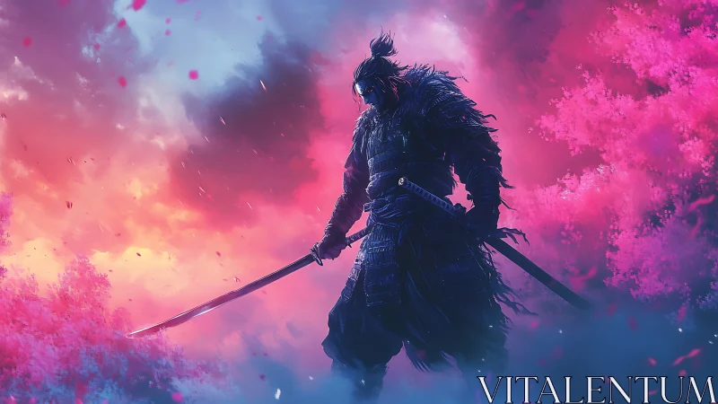 Storm-lit ronin waits between burning dawn and blossom dusk