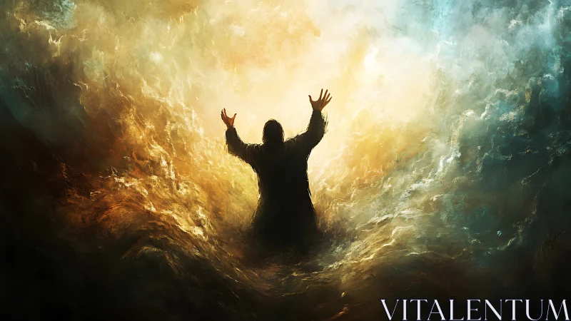 Silhouetted figure raises arms within turbulent glowing void