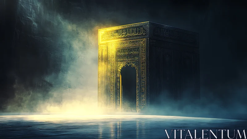 Luminous golden cube gateway with ornate Arabic calligraphy