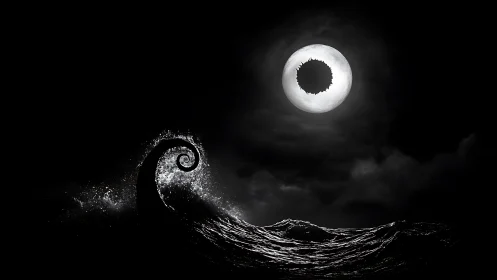 Monochrome ocean vortex under eclipsed lunar void eye.