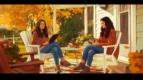 Two women chatting on autumn porch, digital painting style.