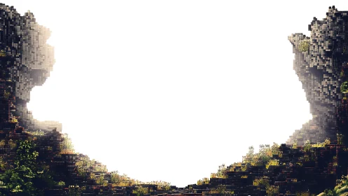 Voxel canyon walls rise around a bright white sky portal