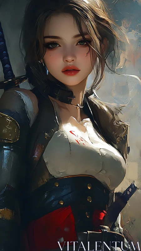 Painterly warrior portrait shows glossy armor, soft bokeh lighting