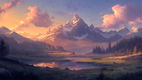 Sunlit alpine peak above tranquil reflective valley lake.