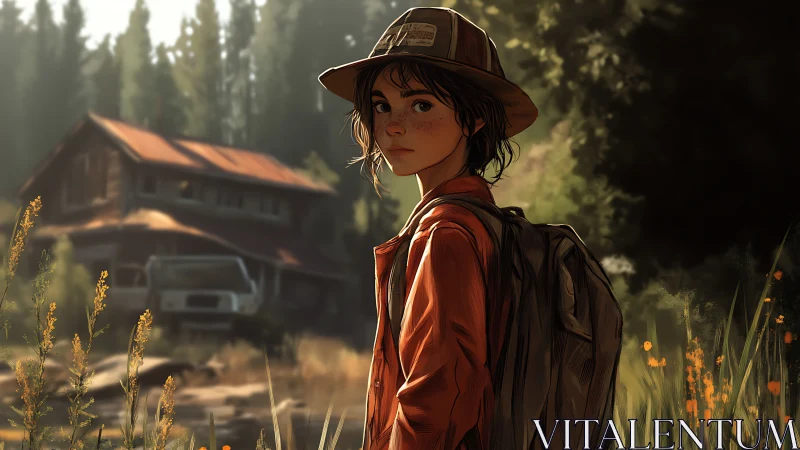 Backwoods drifter pauses by a rusted house of lost summers.