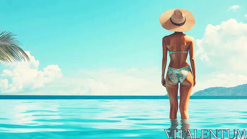 Backlit woman in infinity pool under high-key tropical sky