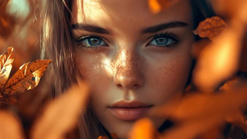 Close frontal portrait of blue-eyed girl framed by leaves.