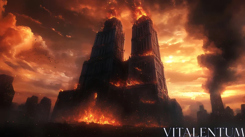 Gothic Cathedral Engulfed in Apocalyptic Inferno with Dramatic Sky