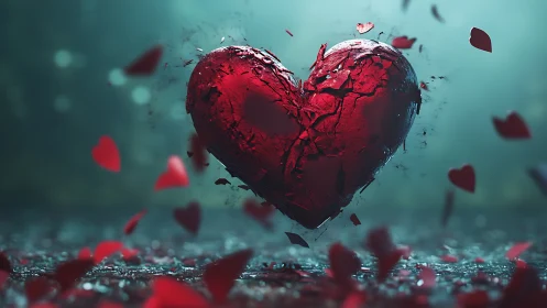 Fractured Heart Form Suspended in Dynamic Particle Dispersion with Atmospheric Turquoise Gradient
