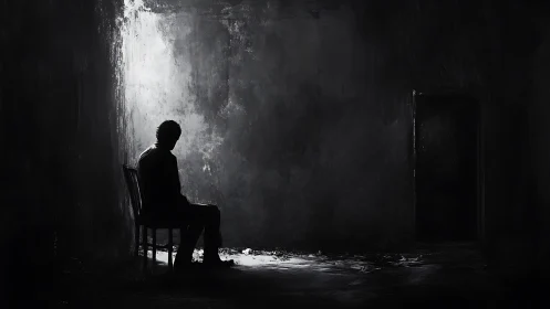 Solitary thinker under a bruised spotlight of silence.