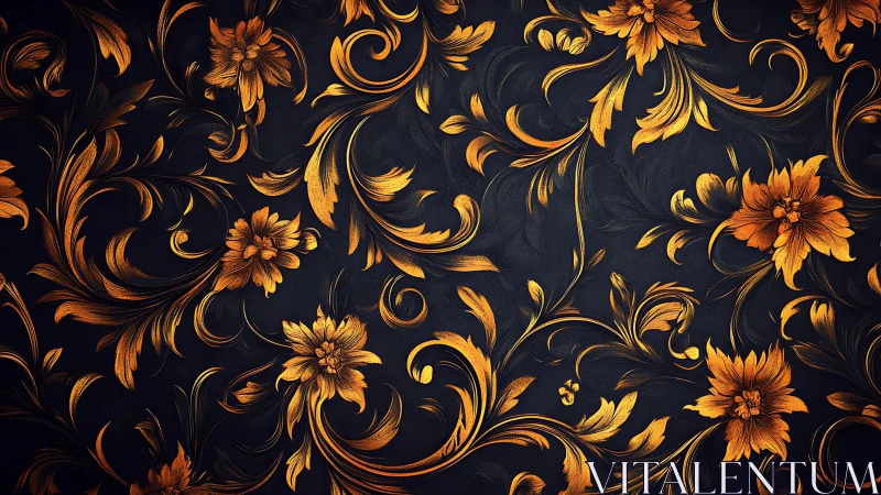 Golden floral baroque pattern over deep charcoal ground.