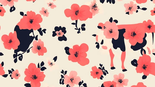 Floral cow silhouettes blend with bold coral blossoms.