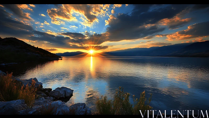 Sunset light intersects distant mountains across calm water