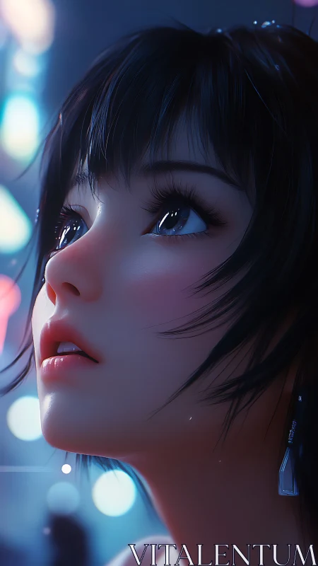 Nocturnal gaze in neon light with hyperreal anime detail.