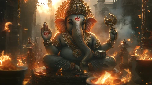 Divine elephant deity idol amid ritual firelit temple ambiance.
