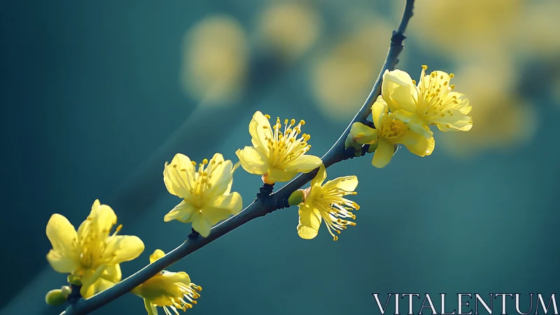 Forsythia blossoms clustered on dark branch against soft teal