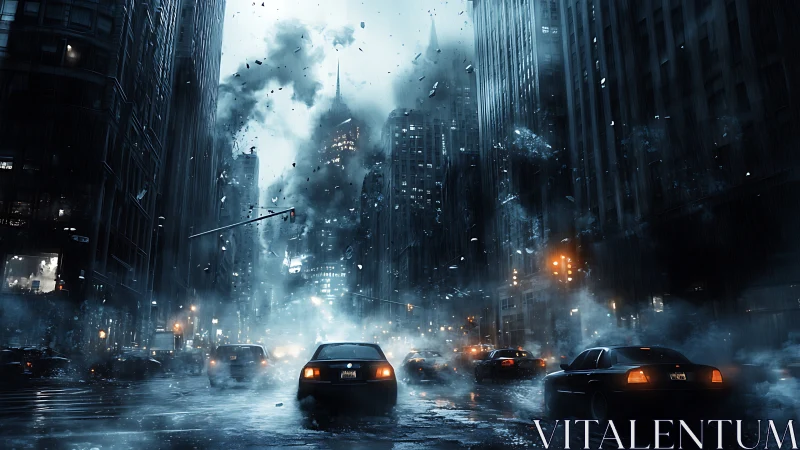 Storm-torn cyberpunk city street under violent blue haze.