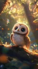 Bright eyed baby owl quietly enjoys a sunlit forest moment