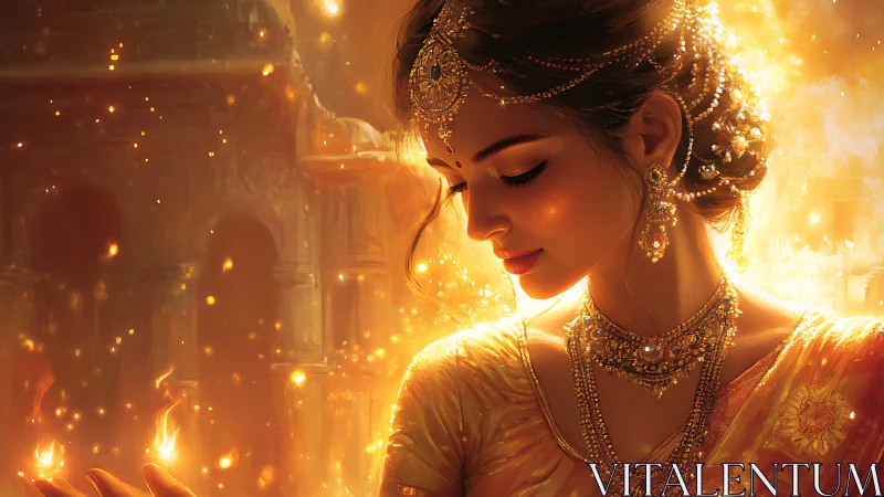 Golden-lit woman in jeweled sari stands amid floating embers