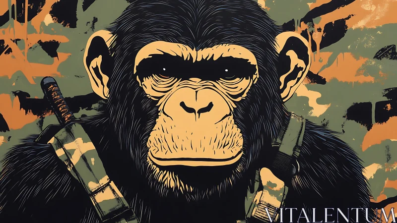 Militarized chimpanzee portrait with stylized camo abstraction.