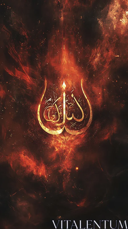 Glowing Arabic calligraphy in fiery abstract space background.