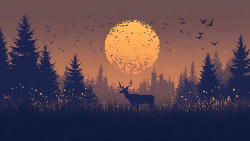 Digital painting of stag silhouette against dissolving moonlit forest.