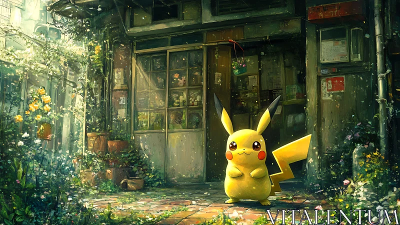 Pikachu in luminous overgrown alleyway storefront environment.
