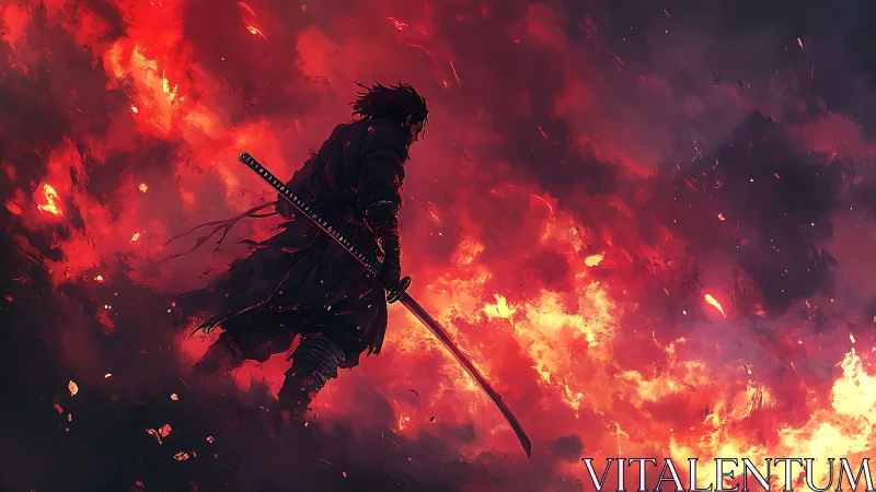 Lone samurai strides through a burning, war-torn horizon