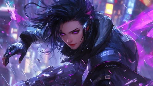 Cybernetic rogue with violet energy in neon storm. Period.