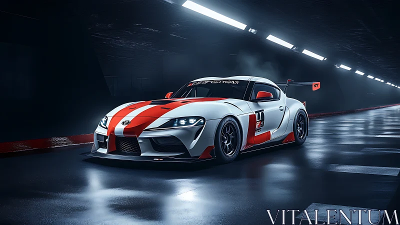 Track-tuned race car glows under neon tunnel lights tonight