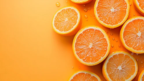Vibrant orange halves with water drops on citrus backdrop.