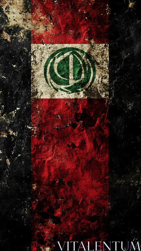 Weathered tricolor flag with central green emblem and cracks