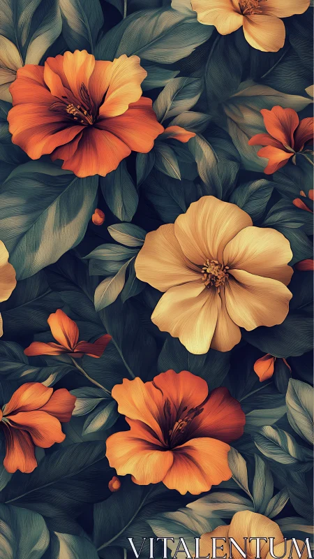 Orange and Cream Floral Pattern with Botanical Leaves