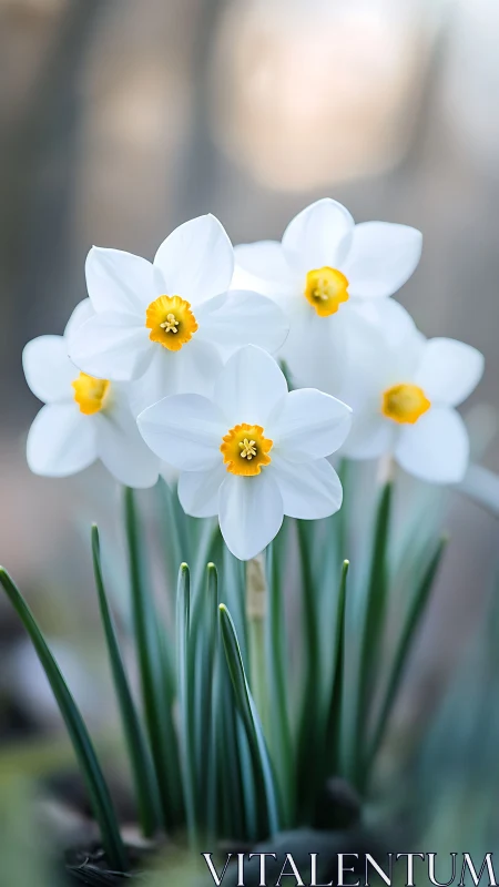 White daffodils with golden centers in soft focus.