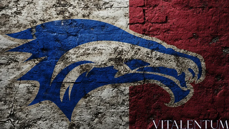 Blue wildcat emblem on cracked red and white wall texture.